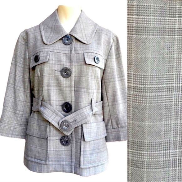 Kensie Gray Plaid Large Button Front Flap Pocket Belted Blazer Jacket - Picture 1 of 10